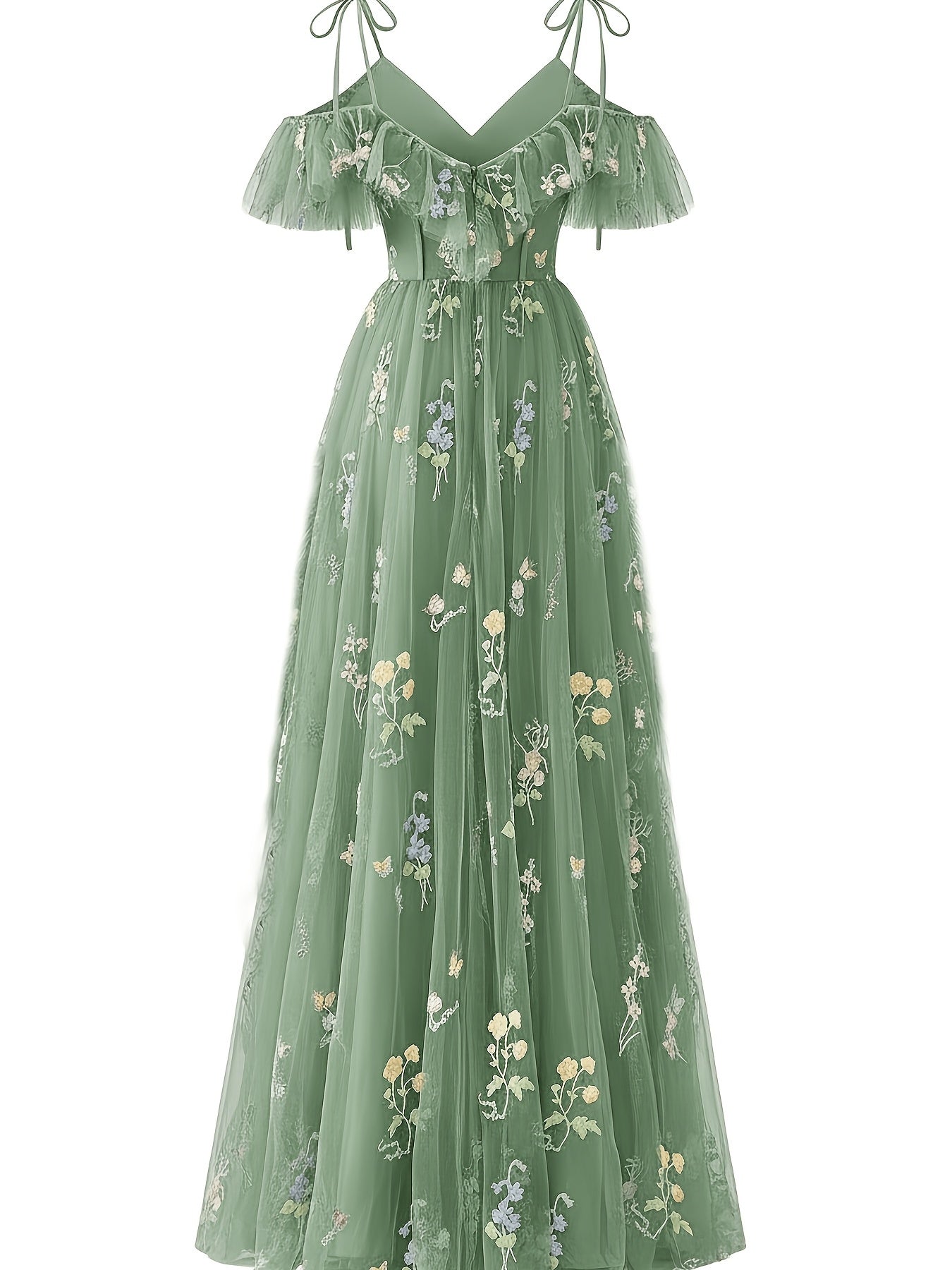 Mint Green Mesh Floral Print Off-Shoulder Waist-Cinching Long Gown Dress for Women | Spring And Summer-Like Gentle Style, Suitable for Evening Parties And Vacations And Sophisticated Casual Looks