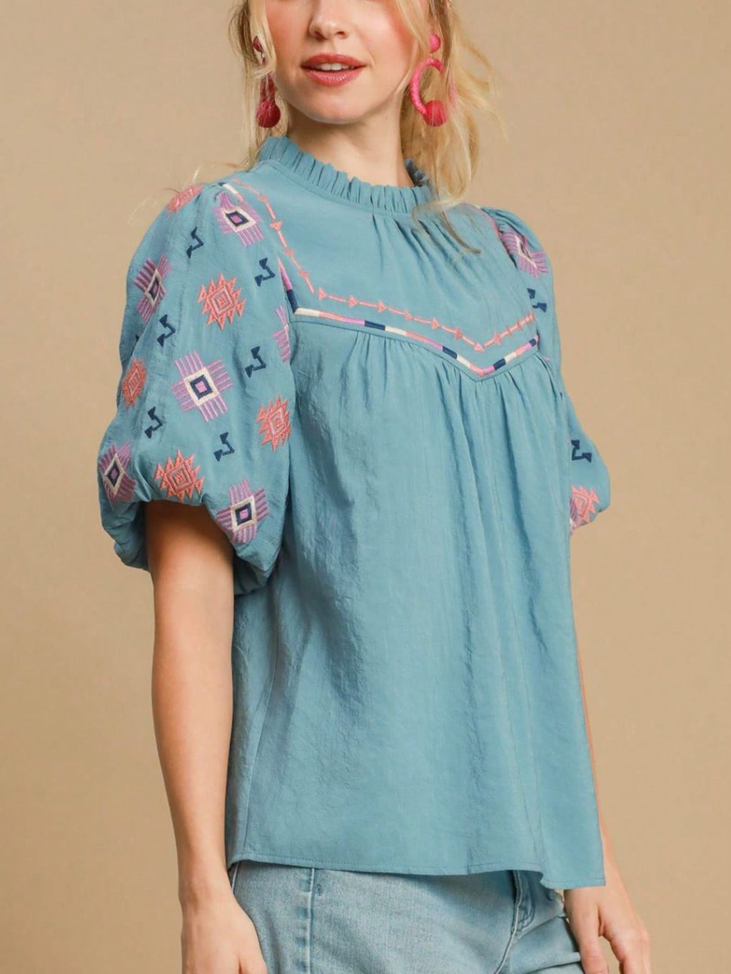 Womens Casual Boho Western Chic Embroidered Pattern Puff Sleeve Blouse Turquoise Blue High Neck Gathered Yoke Summer Top Loose Fit Festival Vacation Beach Resort Wear