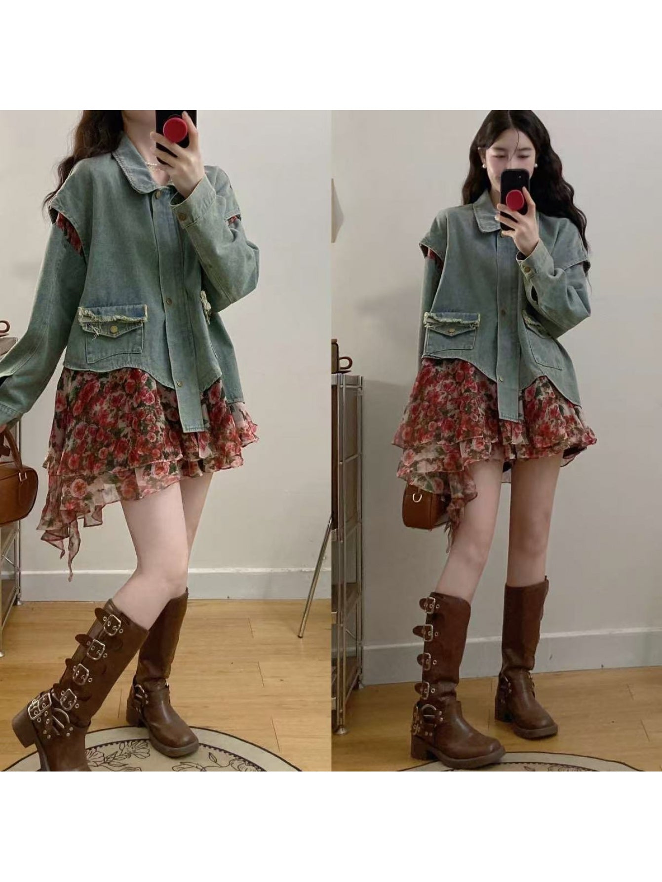 Women'S Floral Patchwork Fake Two-Piece Denim Jacket Women'S 2026 Spring New Retro Unique Beautiful Top, Regular Shoulder Fake Two-Piece Mid-Length Top Women'S