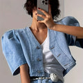 A Stylish Women'S Jacket Resembling Jeans, Featuring a V-Neck And Button Closure, Non-Stretch Princess Sleeves, Perfect for Both Casual And Formal Occasions. This Machine-Washable Coat Is Ideal for Summer