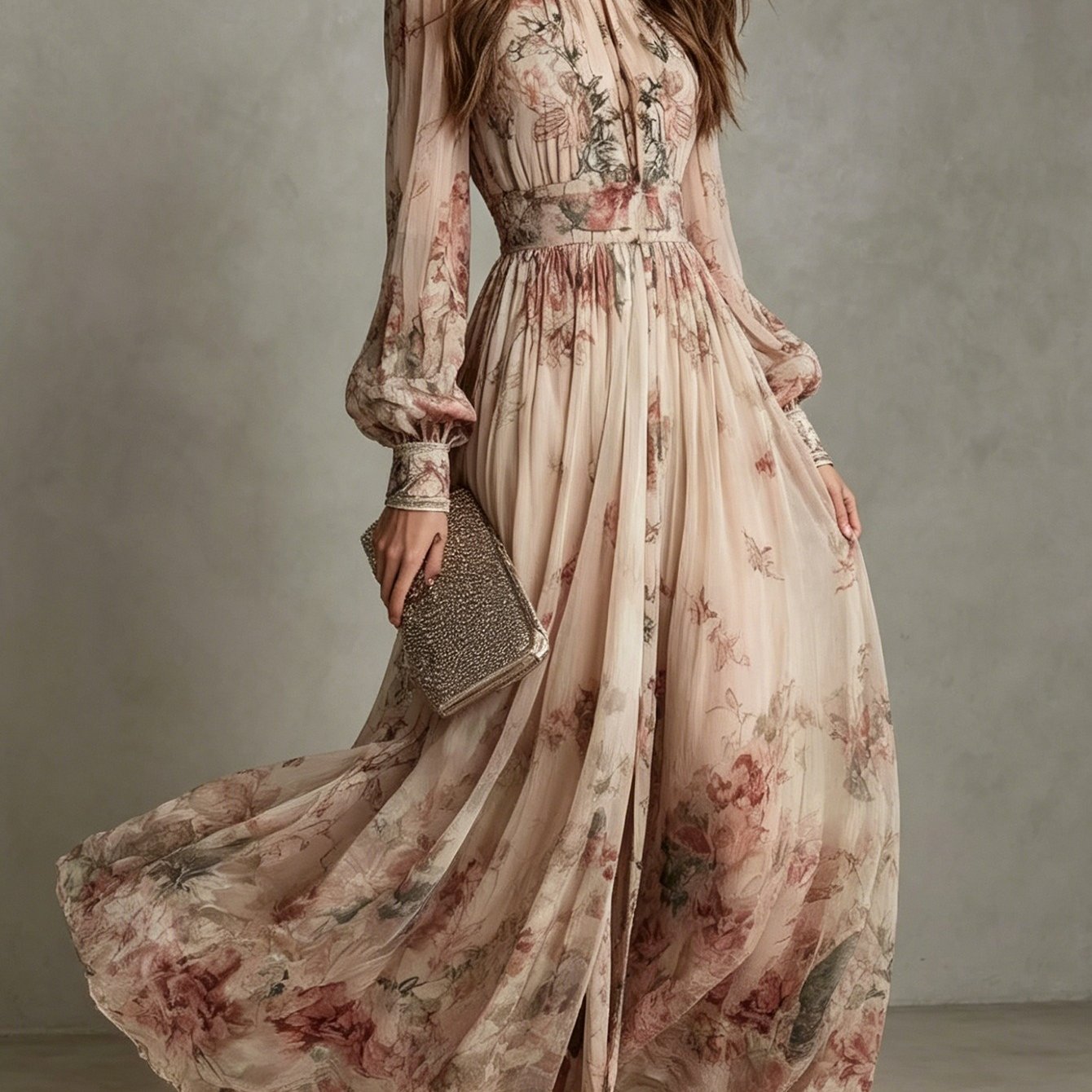 New Women's Retro Chiffon Printed Round Neck Long Sleeved Pleated Waist Floral Dress