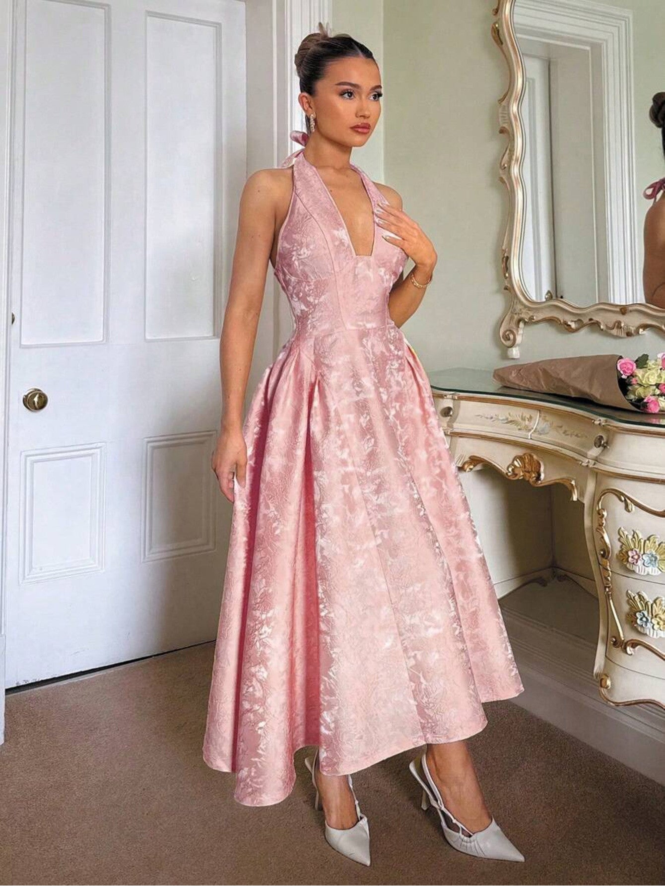 Glamine Charm Vintage 3D Embossed Floral V-Neck Sleeveless Flared Dress Dresses Summer Clothing Women Birthday Outfit
