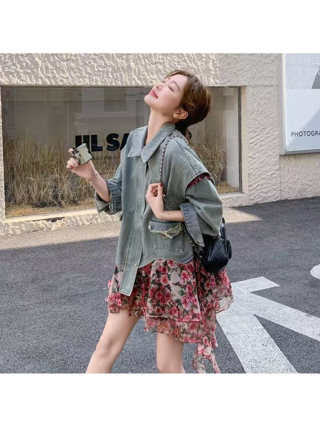 Women'S Floral Patchwork Fake Two-Piece Denim Jacket Women'S 2026 Spring New Retro Unique Beautiful Top, Regular Shoulder Fake Two-Piece Mid-Length Top Women'S