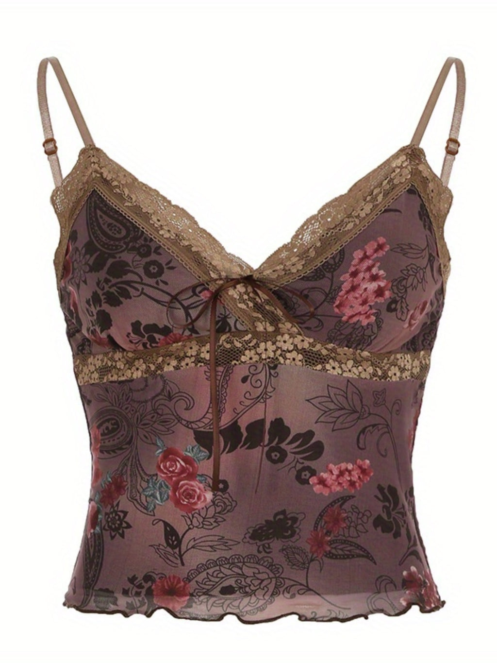 Women'S Camisoles Spaghetti Straps Bow Design Retro Floral Pattern Lace Trim Stylish Slim Fit Crop Tank Tops