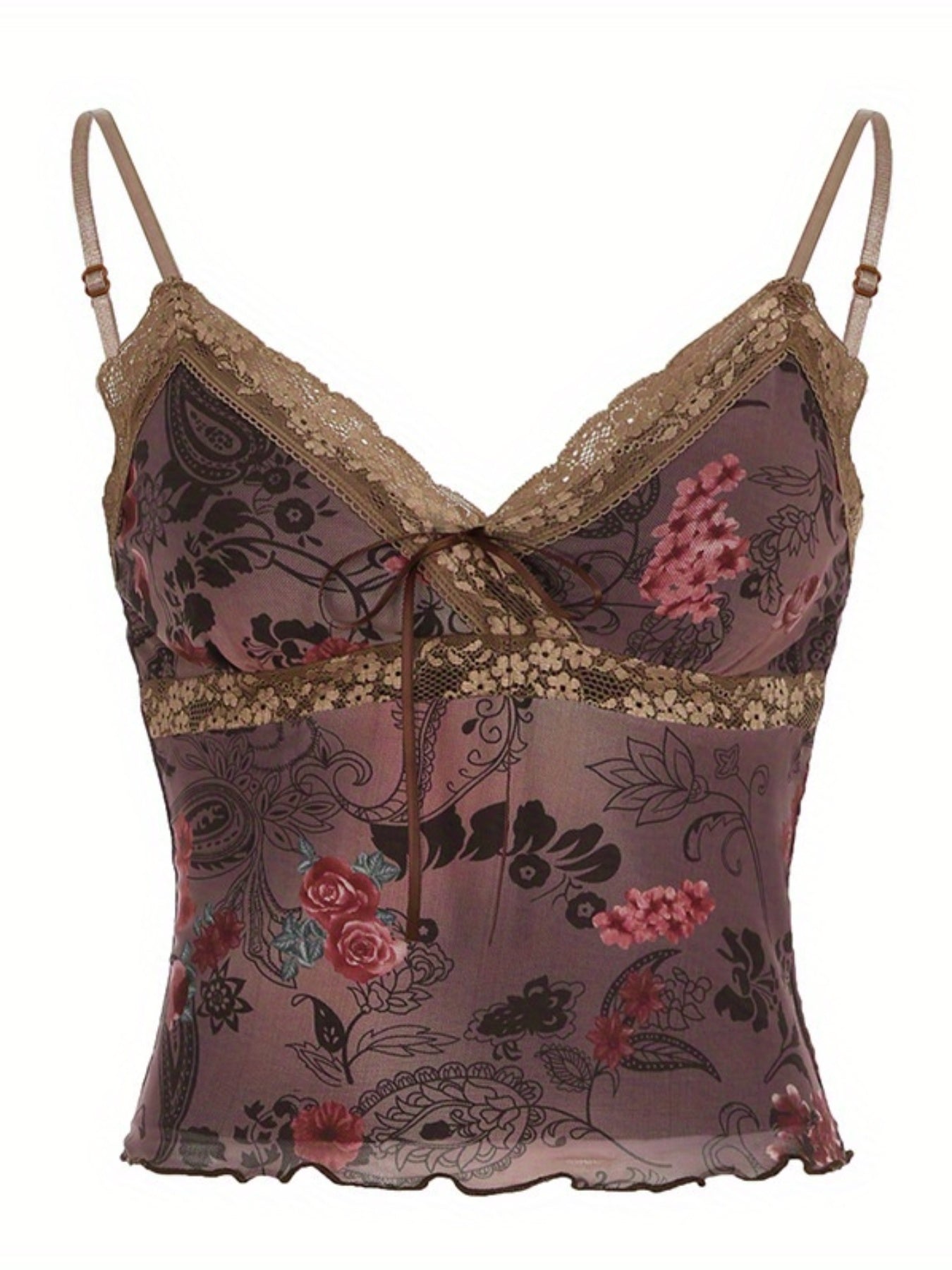 Women'S Camisoles Spaghetti Straps Bow Design Retro Floral Pattern Lace Trim Stylish Slim Fit Crop Tank Tops