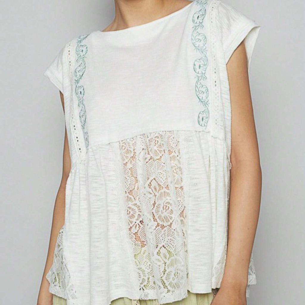 Womens Casual Boho Chic Lace Insert Peplum Top White Cap Sleeve Scoop Neck Flowy Romantic Summer Blouse Lightweight Breathable Beach Vacation Daily Wear