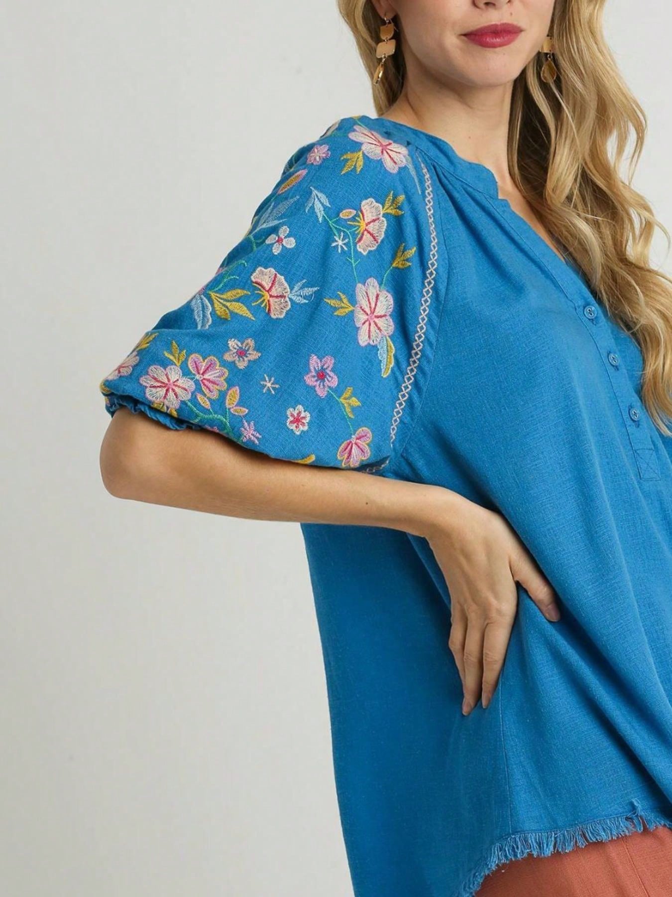 Womens Casual Boho Chic Floral Embroidered Balloon Sleeve Peasant Blouse with Frayed Hem Detail Split Neck Relaxed Fit Tunic Top Azure Blue Spring Summer Beach Resort Wear