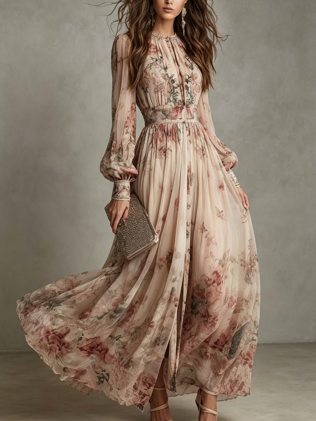 New Women's Retro Chiffon Printed Round Neck Long Sleeved Pleated Waist Floral Dress