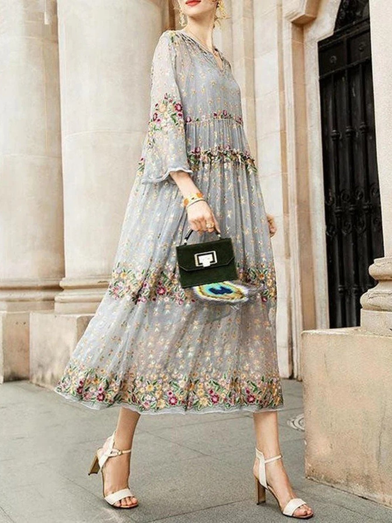 Women's Lace Digital Print Dress, Cheongsam Evening Dress, Mesh Long-sleeved Long Dress