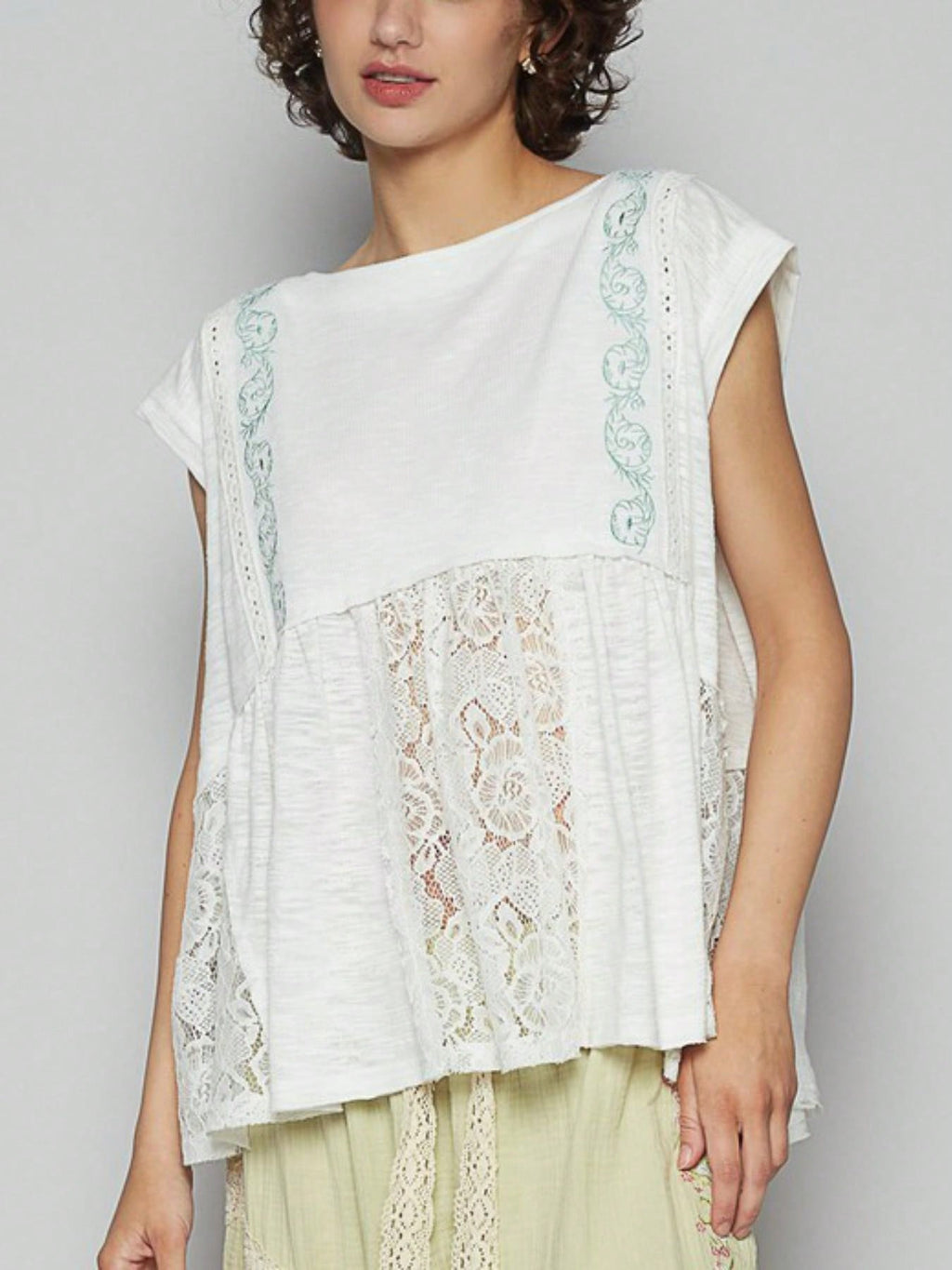 Womens Casual Boho Chic Lace Insert Peplum Top White Cap Sleeve Scoop Neck Flowy Romantic Summer Blouse Lightweight Breathable Beach Vacation Daily Wear