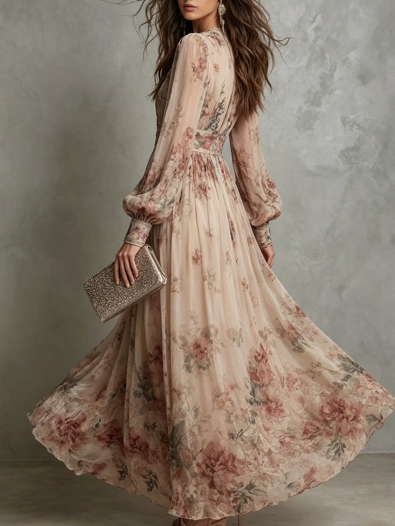 New Women's Retro Chiffon Printed Round Neck Long Sleeved Pleated Waist Floral Dress