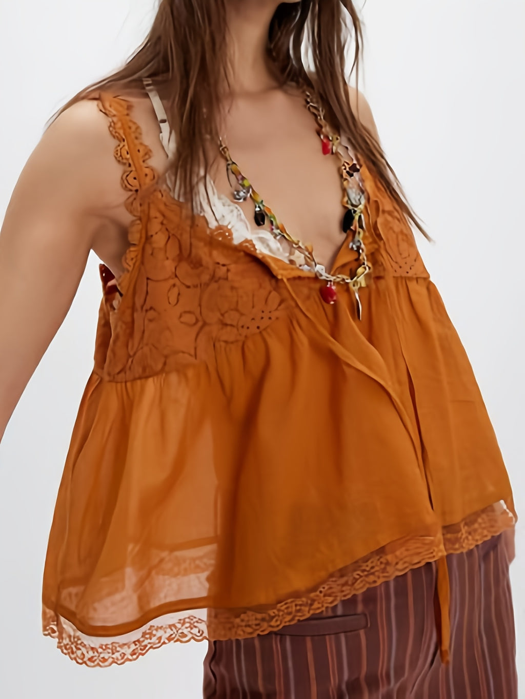 Women'S Lace Trim Cami Tops Sleeveless Open Back V Neck Boho Loose Crop Tank Tops