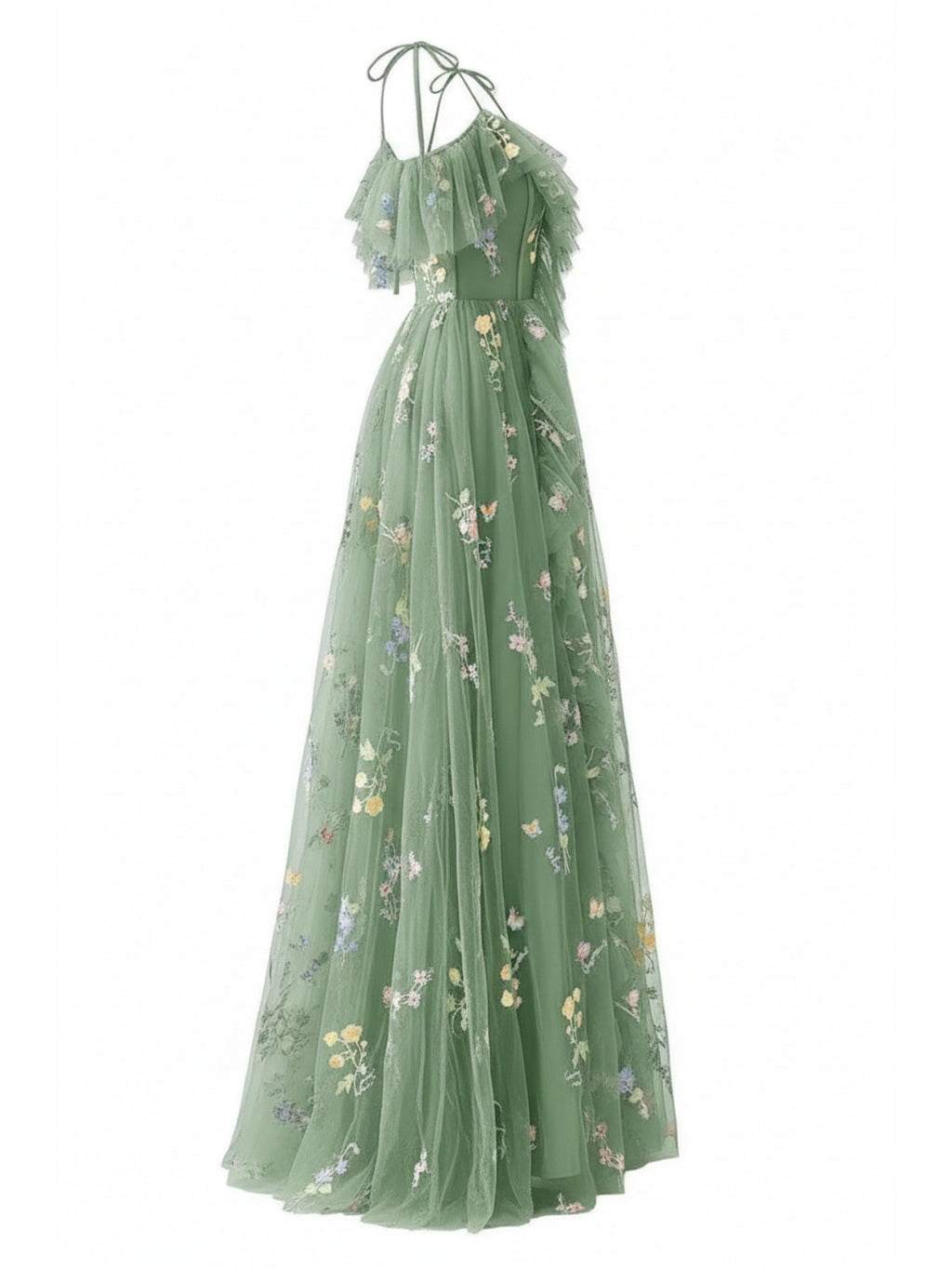 Mint Green Mesh Floral Print Off-Shoulder Waist-Cinching Long Gown Dress for Women | Spring And Summer-Like Gentle Style, Suitable for Evening Parties And Vacations And Sophisticated Casual Looks