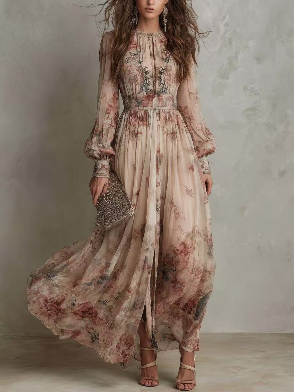New Women's Retro Chiffon Printed Round Neck Long Sleeved Pleated Waist Floral Dress
