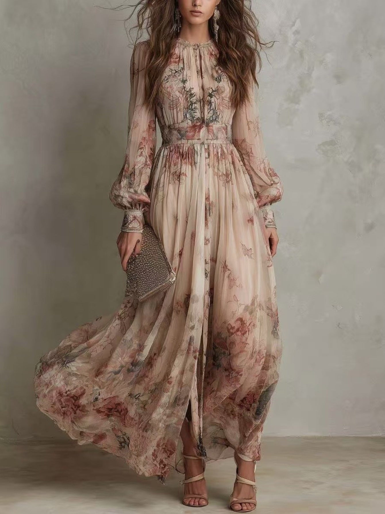 New Women's Retro Chiffon Printed Round Neck Long Sleeved Pleated Waist Floral Dress