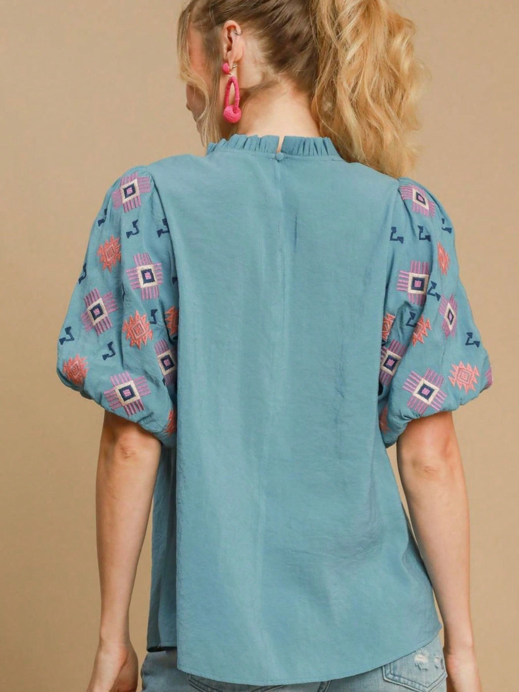 Womens Casual Boho Western Chic Embroidered Pattern Puff Sleeve Blouse Turquoise Blue High Neck Gathered Yoke Summer Top Loose Fit Festival Vacation Beach Resort Wear