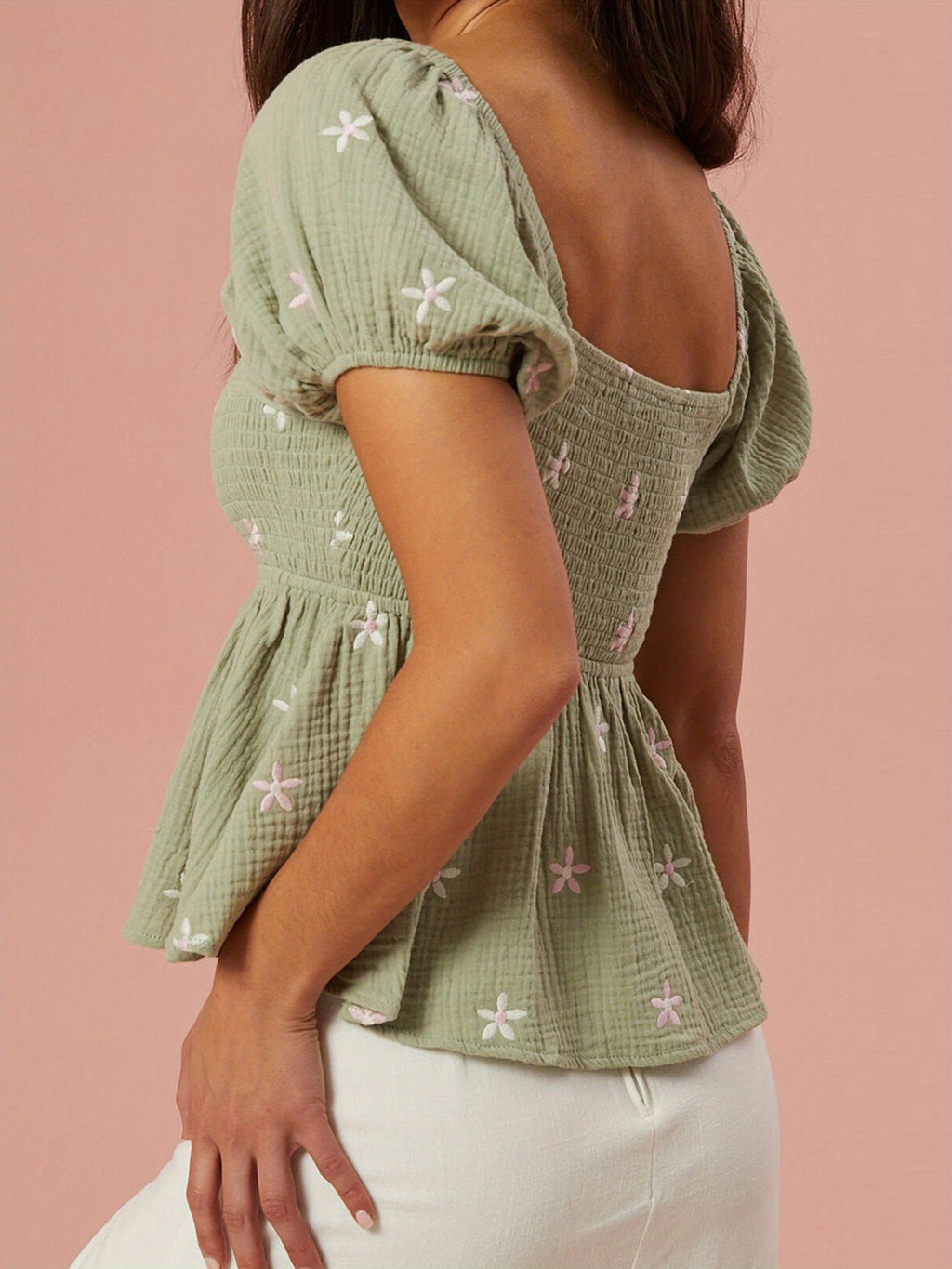 Women Short Sleeve Shirts Flower Embroidered Square Neck Blouses Summer Casual Tops Streetwear