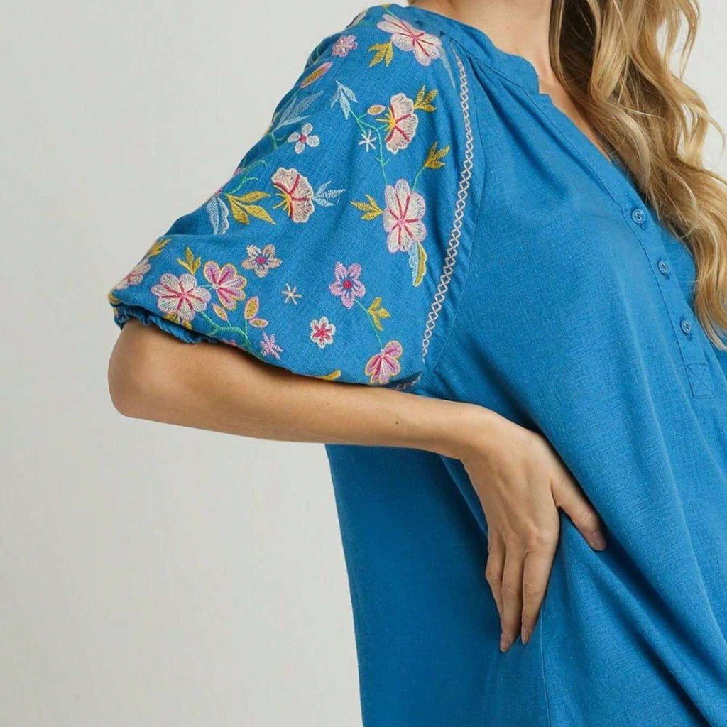 Womens Casual Boho Chic Floral Embroidered Balloon Sleeve Peasant Blouse with Frayed Hem Detail Split Neck Relaxed Fit Tunic Top Azure Blue Spring Summer Beach Resort Wear