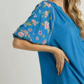 Womens Casual Boho Chic Floral Embroidered Balloon Sleeve Peasant Blouse with Frayed Hem Detail Split Neck Relaxed Fit Tunic Top Azure Blue Spring Summer Beach Resort Wear