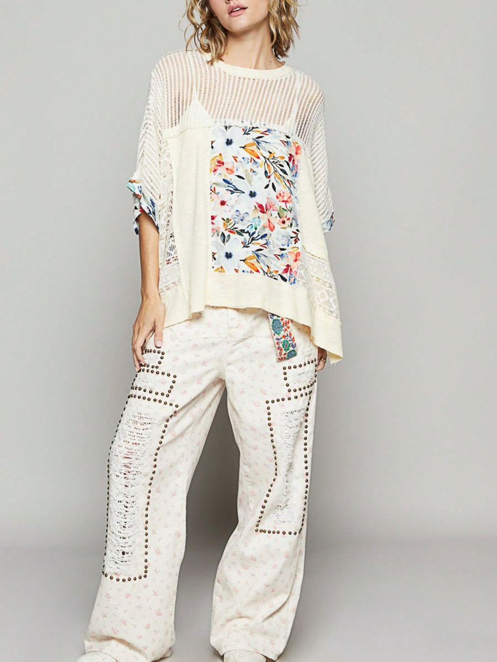 Women's Casual Pullover Top Boho Chic Hollow Out Floral Print Mesh Blouse Cream Short Sleeve Round Neck Loose Fit Lace Detail Perfect for Spring\u002FSummer\u002FFall Everyday Wear