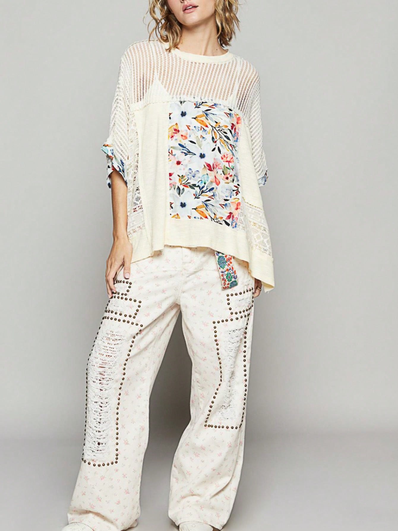 Women's Casual Pullover Top Boho Chic Hollow Out Floral Print Mesh Blouse Cream Short Sleeve Round Neck Loose Fit Lace Detail Perfect for Spring\u002FSummer\u002FFall Everyday Wear