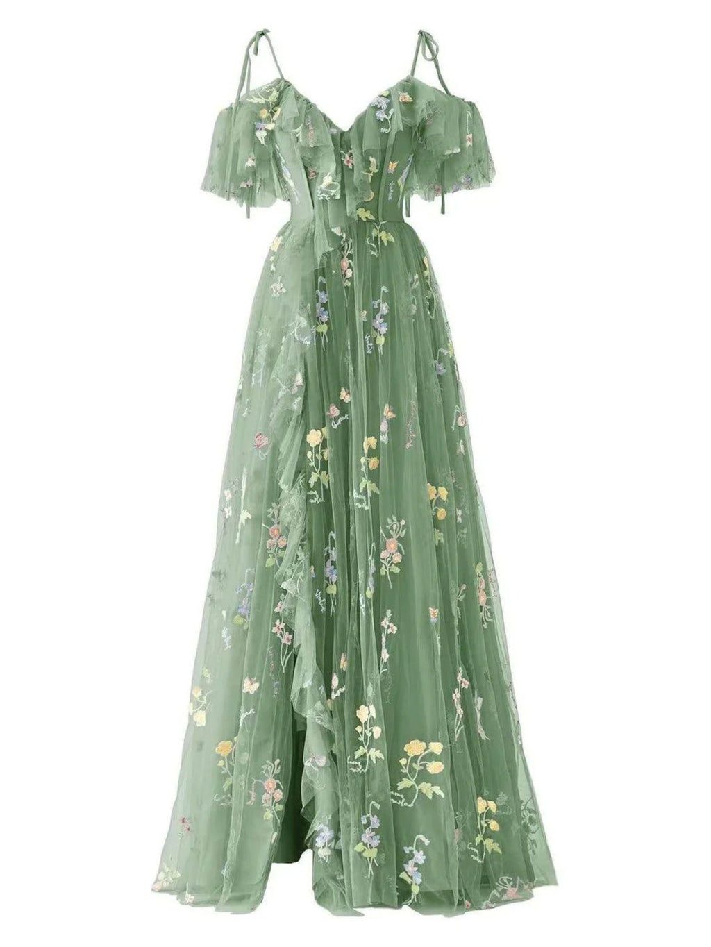 Mint Green Mesh Floral Print Off-Shoulder Waist-Cinching Long Gown Dress for Women | Spring And Summer-Like Gentle Style, Suitable for Evening Parties And Vacations And Sophisticated Casual Looks