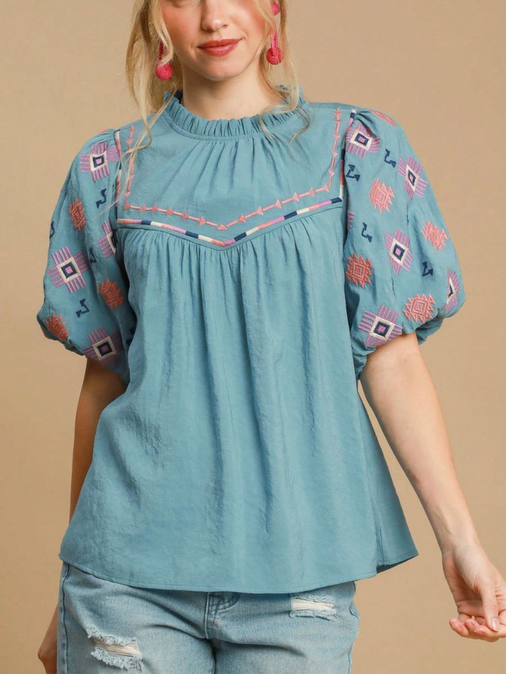 Womens Casual Boho Western Chic Embroidered Pattern Puff Sleeve Blouse Turquoise Blue High Neck Gathered Yoke Summer Top Loose Fit Festival Vacation Beach Resort Wear