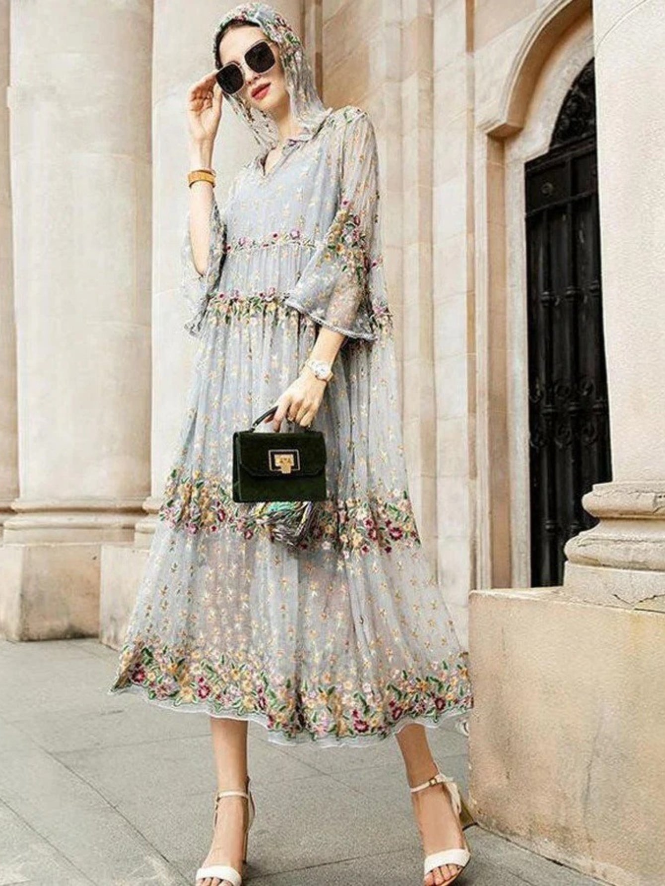 Women's Lace Digital Print Dress, Cheongsam Evening Dress, Mesh Long-sleeved Long Dress
