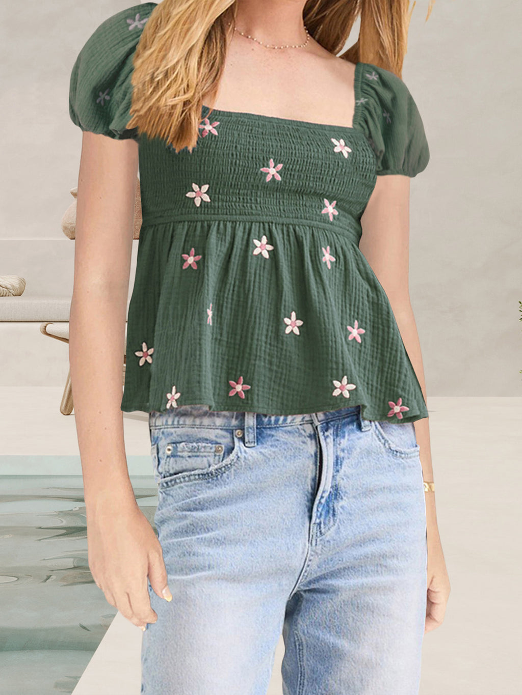 Women Short Sleeve Shirts Flower Embroidered Square Neck Blouses Summer Casual Tops Streetwear