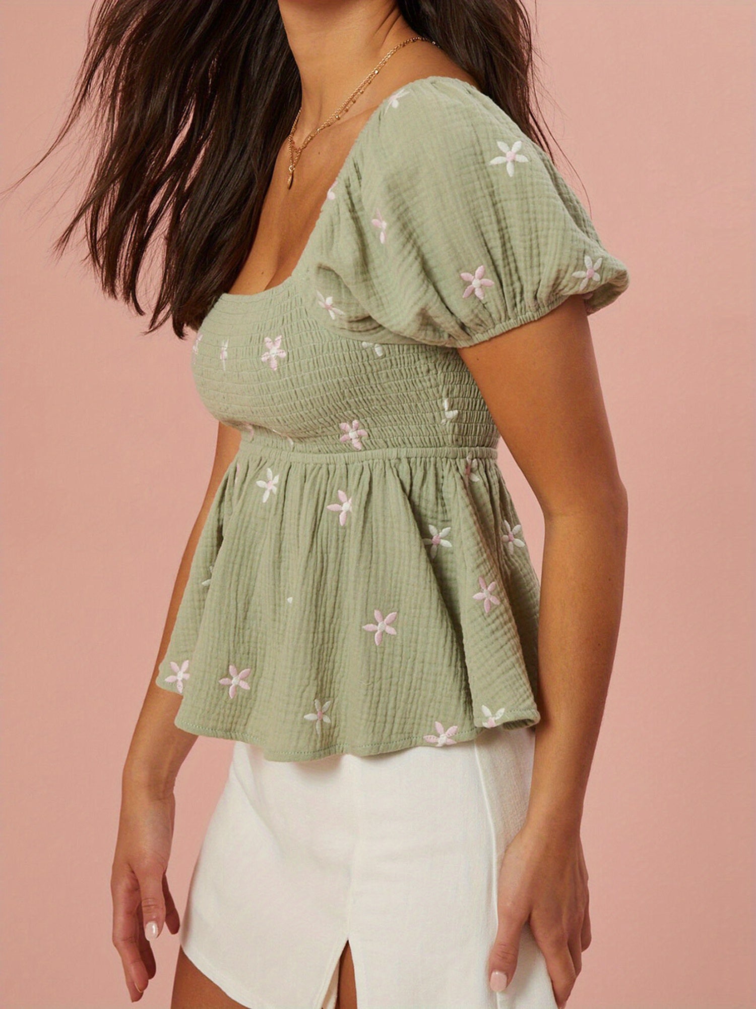 Women Short Sleeve Shirts Flower Embroidered Square Neck Blouses Summer Casual Tops Streetwear