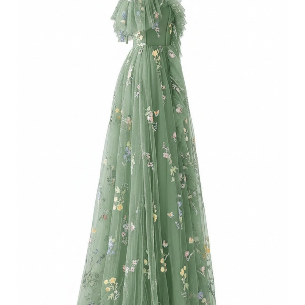 Mint Green Mesh Floral Print Off-Shoulder Waist-Cinching Long Gown Dress for Women | Spring And Summer-Like Gentle Style, Suitable for Evening Parties And Vacations And Sophisticated Casual Looks
