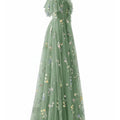 Mint Green Mesh Floral Print Off-Shoulder Waist-Cinching Long Gown Dress for Women | Spring And Summer-Like Gentle Style, Suitable for Evening Parties And Vacations And Sophisticated Casual Looks
