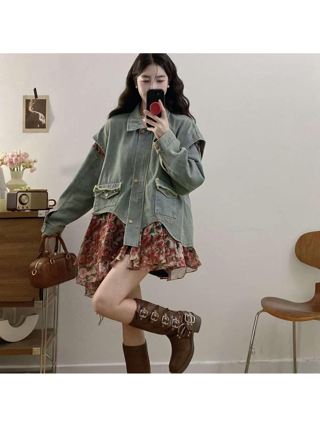 Women'S Floral Patchwork Fake Two-Piece Denim Jacket Women'S 2026 Spring New Retro Unique Beautiful Top, Regular Shoulder Fake Two-Piece Mid-Length Top Women'S