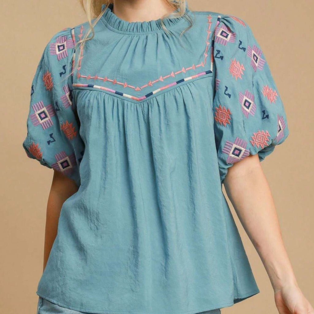Womens Casual Boho Western Chic Embroidered Pattern Puff Sleeve Blouse Turquoise Blue High Neck Gathered Yoke Summer Top Loose Fit Festival Vacation Beach Resort Wear