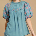 Womens Casual Boho Western Chic Embroidered Pattern Puff Sleeve Blouse Turquoise Blue High Neck Gathered Yoke Summer Top Loose Fit Festival Vacation Beach Resort Wear