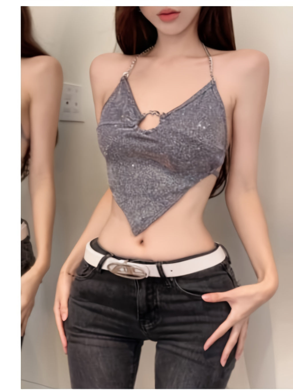 Women Tank Tops Glitter Hollow-Out Ring Chain Halter Neck Casual Vests Summer Sleeveless Tops Streetwear