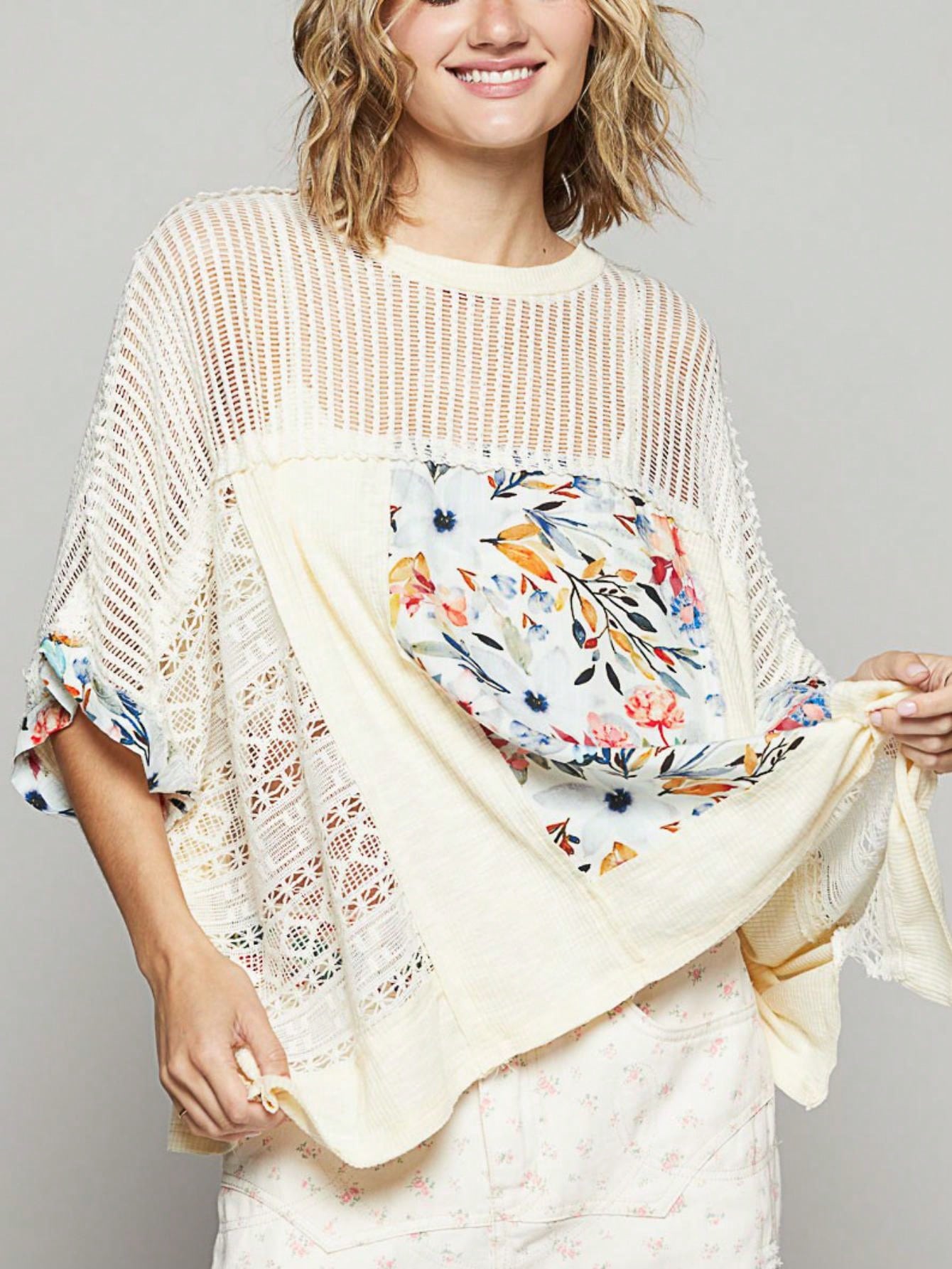Women's Casual Pullover Top Boho Chic Hollow Out Floral Print Mesh Blouse Cream Short Sleeve Round Neck Loose Fit Lace Detail Perfect for Spring\u002FSummer\u002FFall Everyday Wear