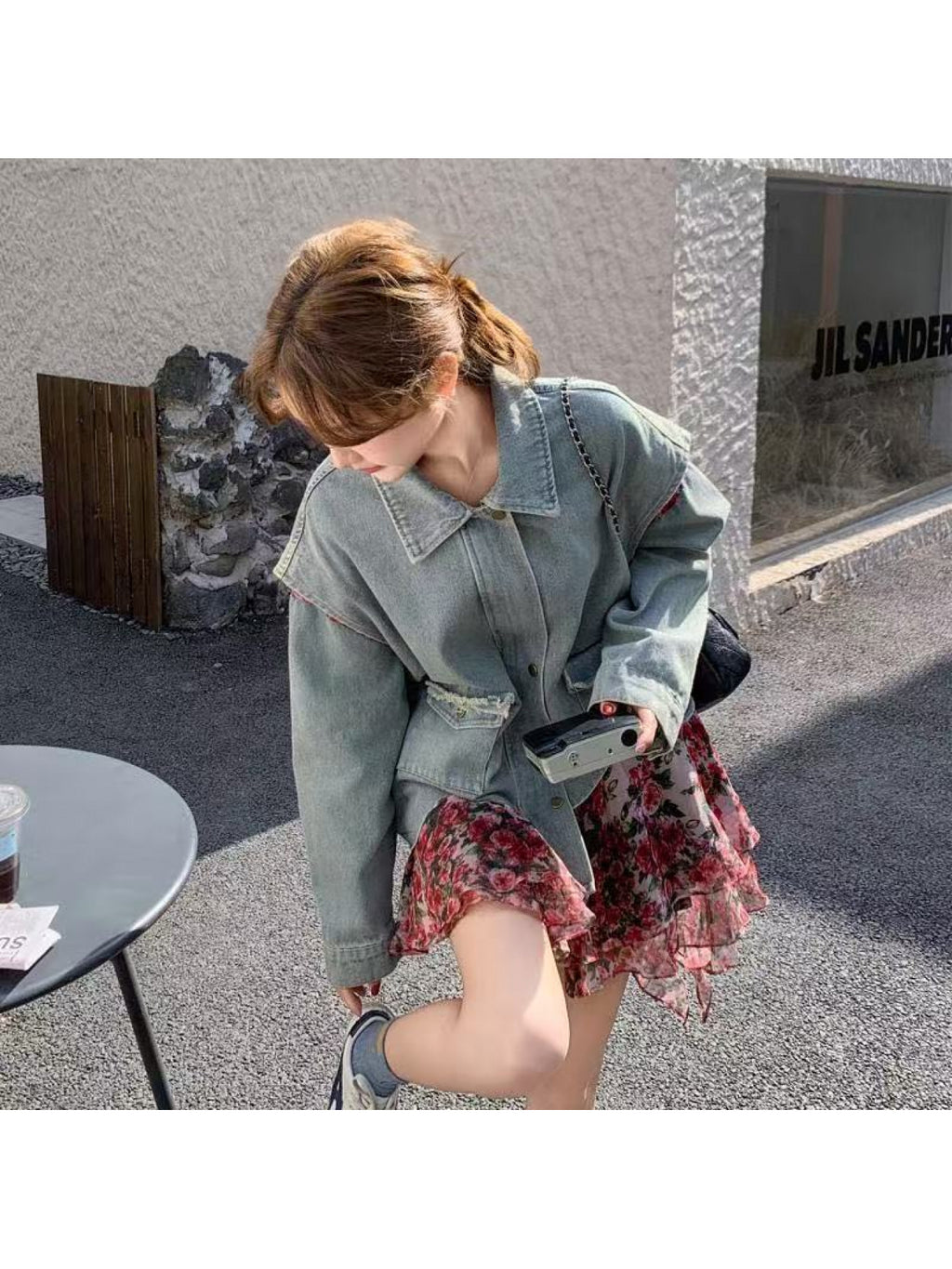 Women'S Floral Patchwork Fake Two-Piece Denim Jacket Women'S 2026 Spring New Retro Unique Beautiful Top, Regular Shoulder Fake Two-Piece Mid-Length Top Women'S