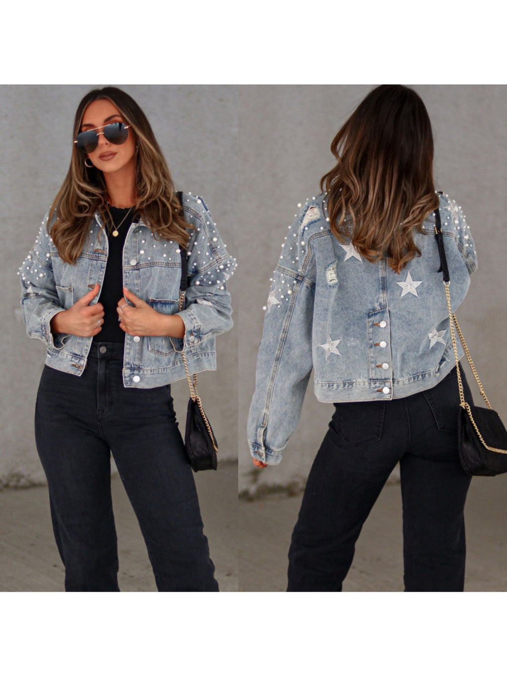 Women's Heavy Beaded Denim Jacket - Oversized Streetwear Blazer with Bead Embellishments, Medium Stretch Suitable for Spring\u002FFall Layering, Machine Washable Loose Fit Jacket for Casual or Dressy Outfits