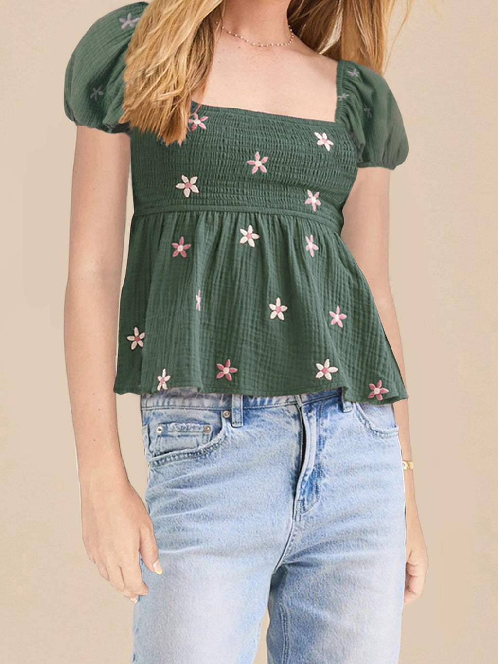 Women Short Sleeve Shirts Flower Embroidered Square Neck Blouses Summer Casual Tops Streetwear