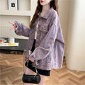 Women's Retro Loose-Fit Purple Denim Jacket - Button-Front Closure Collar, Solid Purple Coat for Spring\u002FAutumn Layering, Casual Outerwear (Machine Washable) - Youthful Vintage Style Top