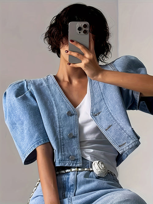 A Stylish Women'S Jacket Resembling Jeans, Featuring a V-Neck And Button Closure, Non-Stretch Princess Sleeves, Perfect for Both Casual And Formal Occasions. This Machine-Washable Coat Is Ideal for Summer