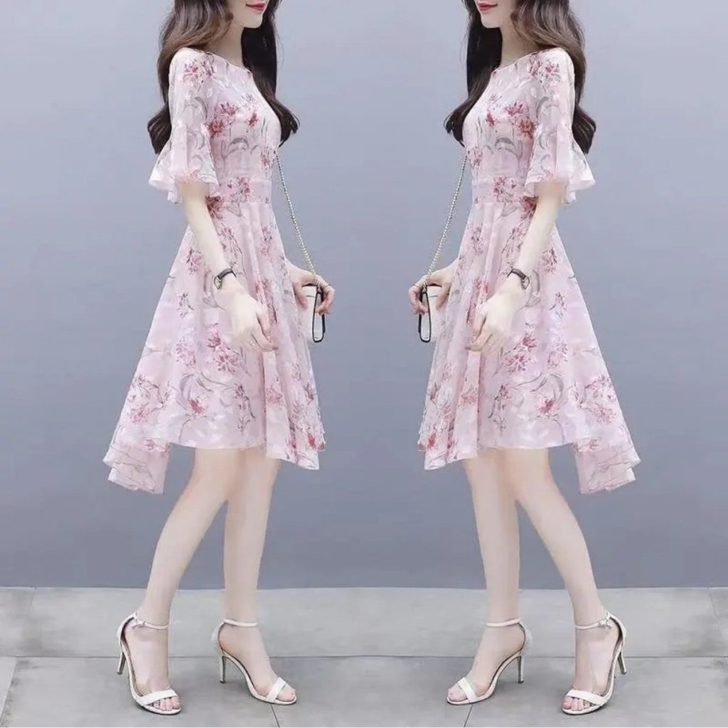 Women'S Summer Dress for Petite Figures, 2026 New Style, Slim-Fit, Ultra-Feminine, Elegant, Ice Floral Print, Tummy-Concealing Dress
