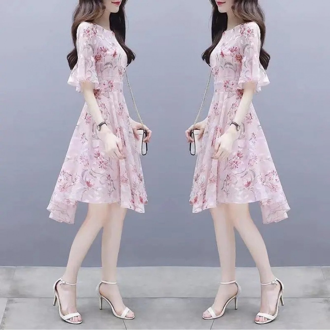 Women'S Summer Dress for Petite Figures, 2026 New Style, Slim-Fit, Ultra-Feminine, Elegant, Ice Floral Print, Tummy-Concealing Dress