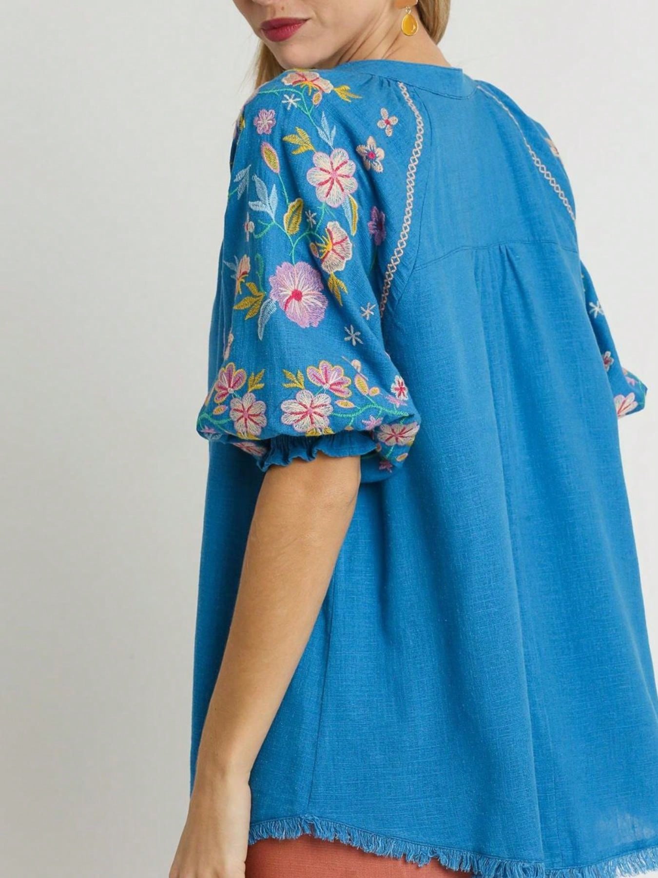 Womens Casual Boho Chic Floral Embroidered Balloon Sleeve Peasant Blouse with Frayed Hem Detail Split Neck Relaxed Fit Tunic Top Azure Blue Spring Summer Beach Resort Wear