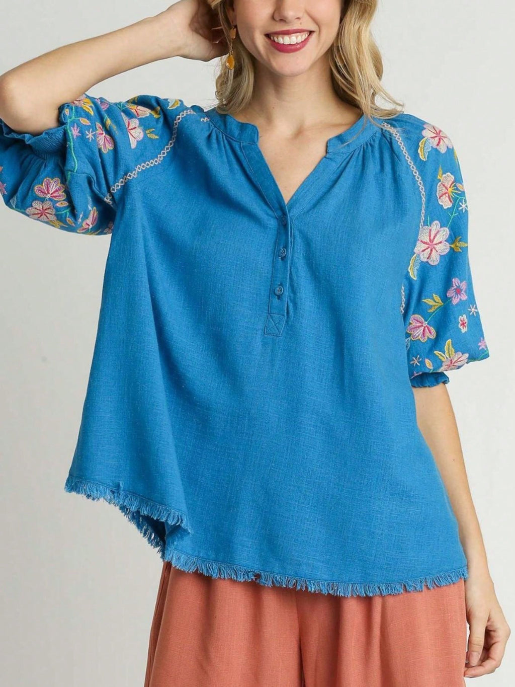 Womens Casual Boho Chic Floral Embroidered Balloon Sleeve Peasant Blouse with Frayed Hem Detail Split Neck Relaxed Fit Tunic Top Azure Blue Spring Summer Beach Resort Wear
