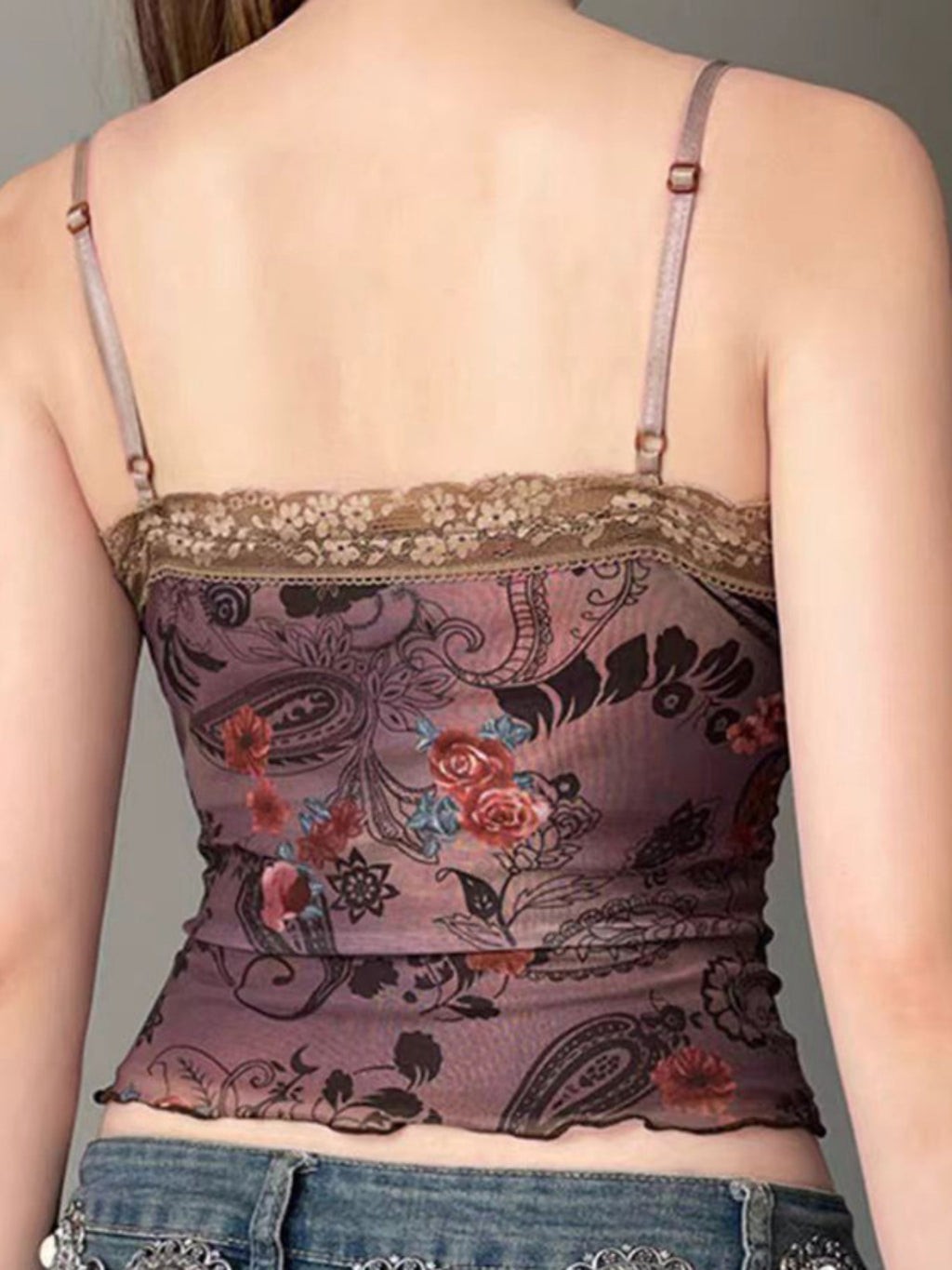 Women'S Camisoles Spaghetti Straps Bow Design Retro Floral Pattern Lace Trim Stylish Slim Fit Crop Tank Tops