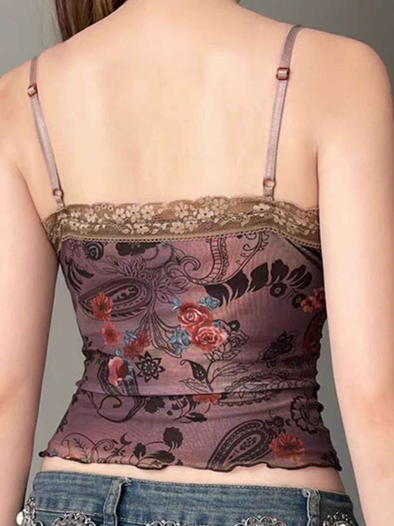 Women'S Camisoles Spaghetti Straps Bow Design Retro Floral Pattern Lace Trim Stylish Slim Fit Crop Tank Tops