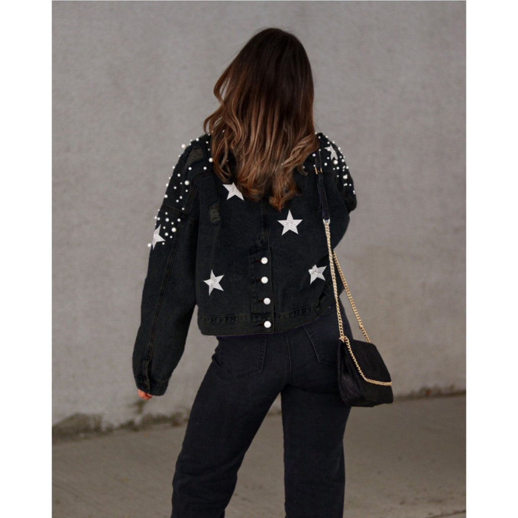 Women's Heavy Beaded Denim Jacket - Oversized Streetwear Blazer with Bead Embellishments, Medium Stretch Suitable for Spring\u002FFall Layering, Machine Washable Loose Fit Jacket for Casual or Dressy Outfits