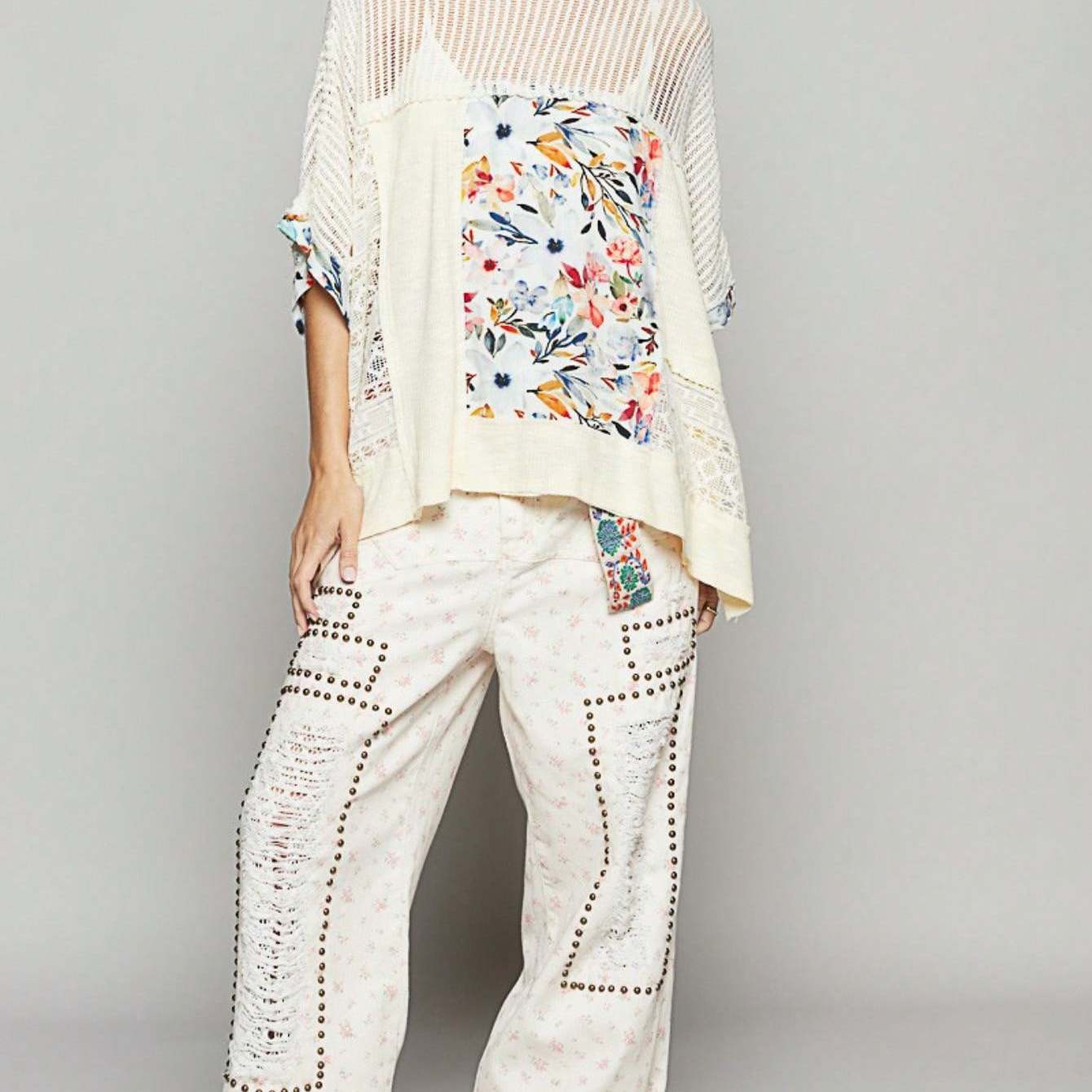 Women's Casual Pullover Top Boho Chic Hollow Out Floral Print Mesh Blouse Cream Short Sleeve Round Neck Loose Fit Lace Detail Perfect for Spring\u002FSummer\u002FFall Everyday Wear